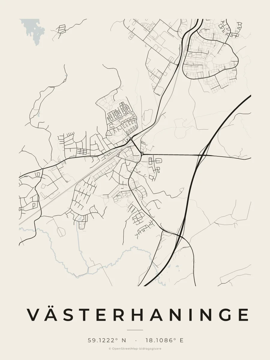 Kartposter över Västerhaninge i stilen Papper