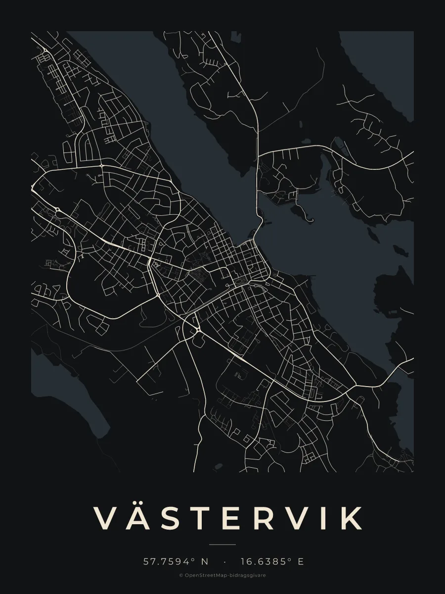 Kartposter över Västervik i stilen Natt