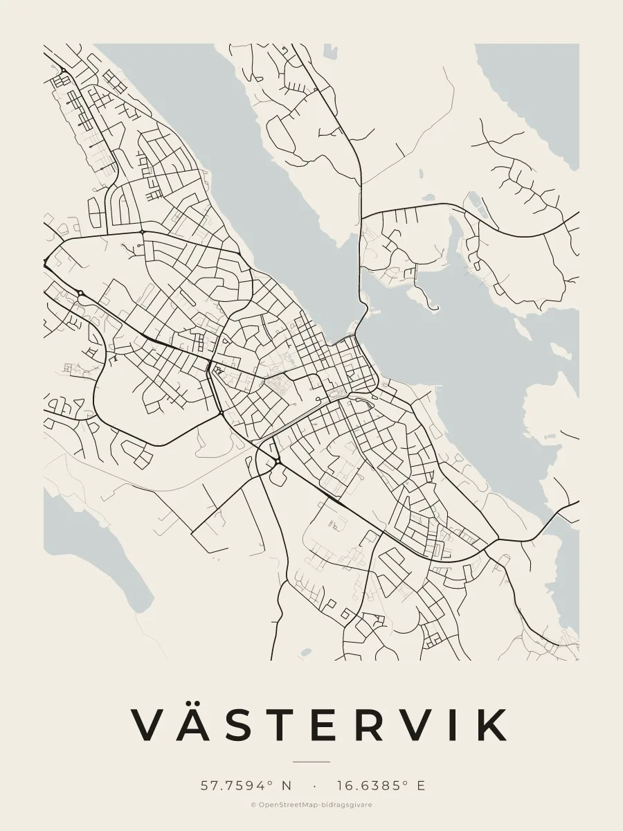 Kartposter över Västervik i stilen Papper