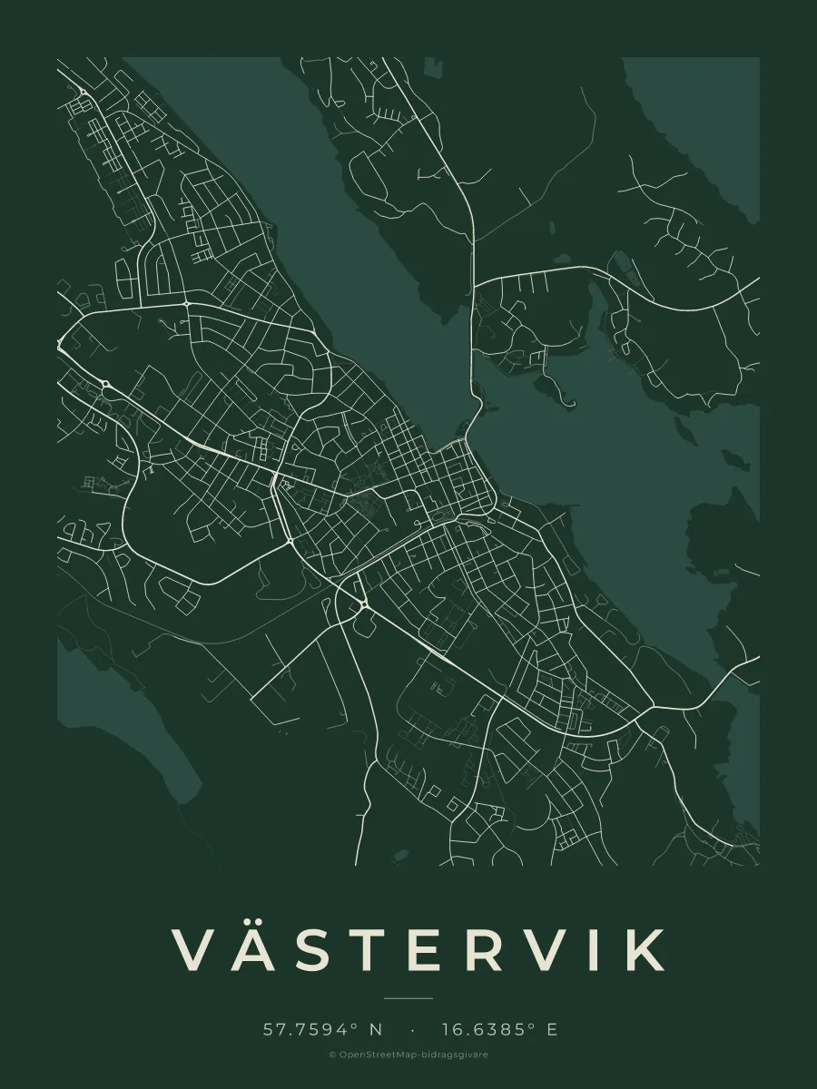 Kartposter över Västervik i stilen Skog