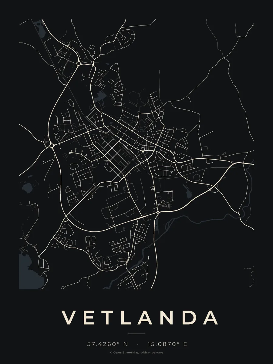 Kartposter över Vetlanda i stilen Natt
