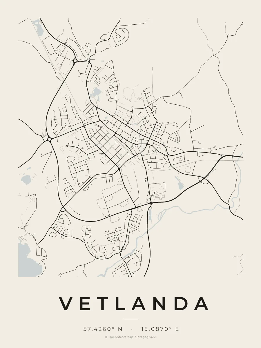 Kartposter över Vetlanda i stilen Papper